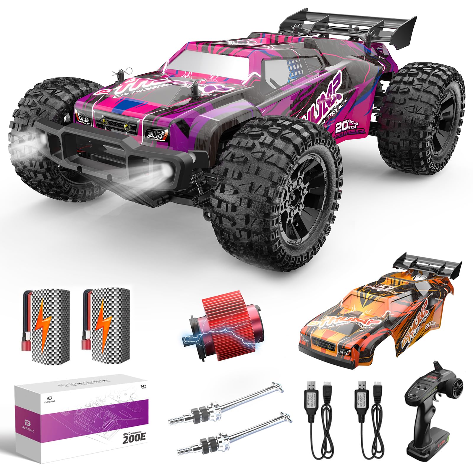 Photo 1 of DEERC 200E 1:10 Large 3S Brushless High Speed RC Cars for Adults, 4X4 Fast RC Trucks W/Extra Shell LED Headlight, 60 KM/H, All Terrain Remote Control Car, Offroad Monster Truck for Boys,2 Battery