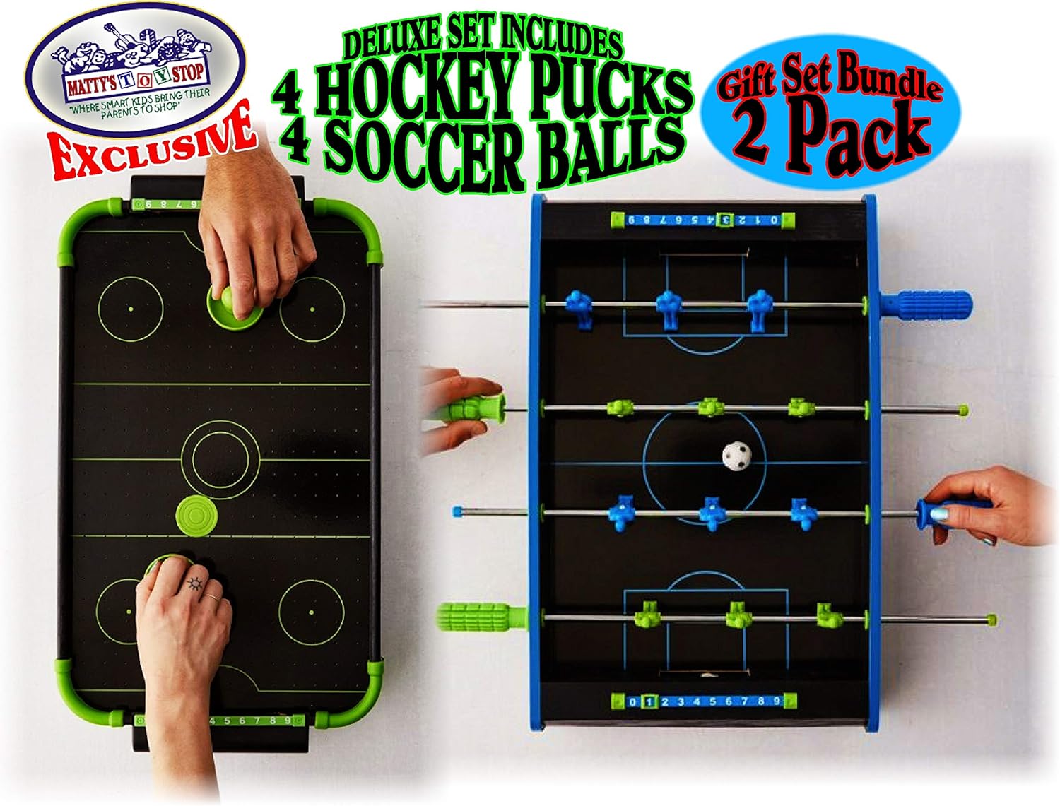 Matty's Toy Stop Deluxe Wooden Mini Tabletop NEON Air Hockey (Extra Pucks) & NEON Foosball (Soccer) (Extra Balls) Games Gift Set Bundle - 2 Pack : Sports & Outdoors