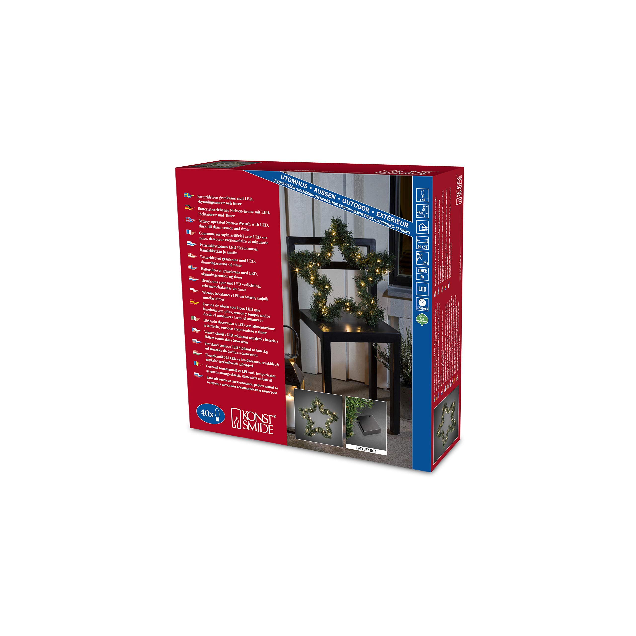 Konstsmide Christmas Lights/LED Spruce Garland Star Wreath/Christmas Garlands with Lights/Outdoor or Indoor Use (IP20) / 40 Amber White Diodes / 6 Hour Timer / 45cm Wreath/Green Cable