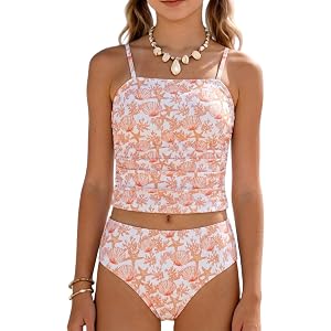 Luckydora Girls 2 Piece Bikini Bowknot Striped Printed Bathing Suits Ruched Side Cami Top with Bottom Sets Cute