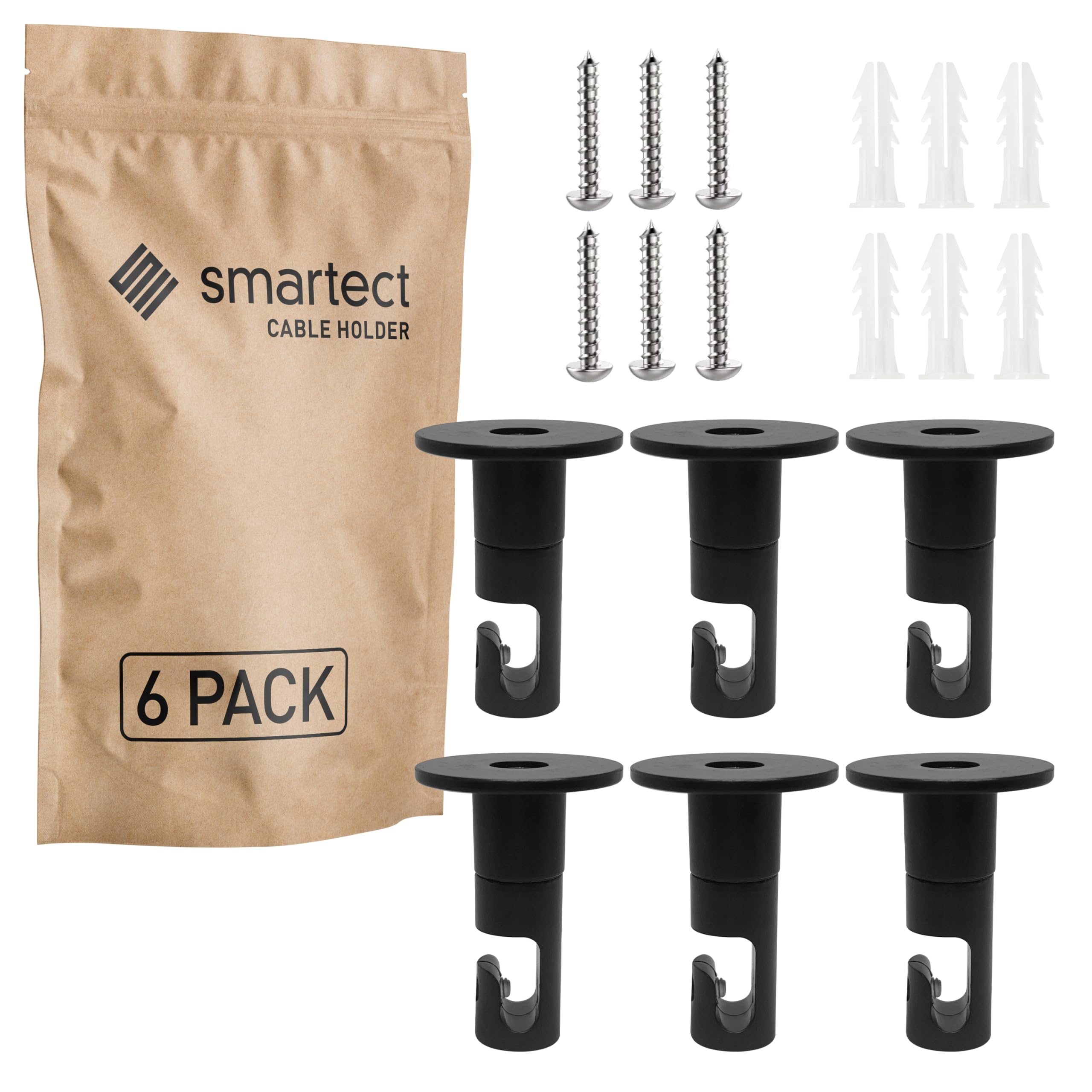 smartect Wall and Ceiling Pins for Hanging Textile Cables [6 Pieces, Black] Cable Decentralizer with wall Plugs and Screws Included, Ceiling Light Hook for Your DIY Project