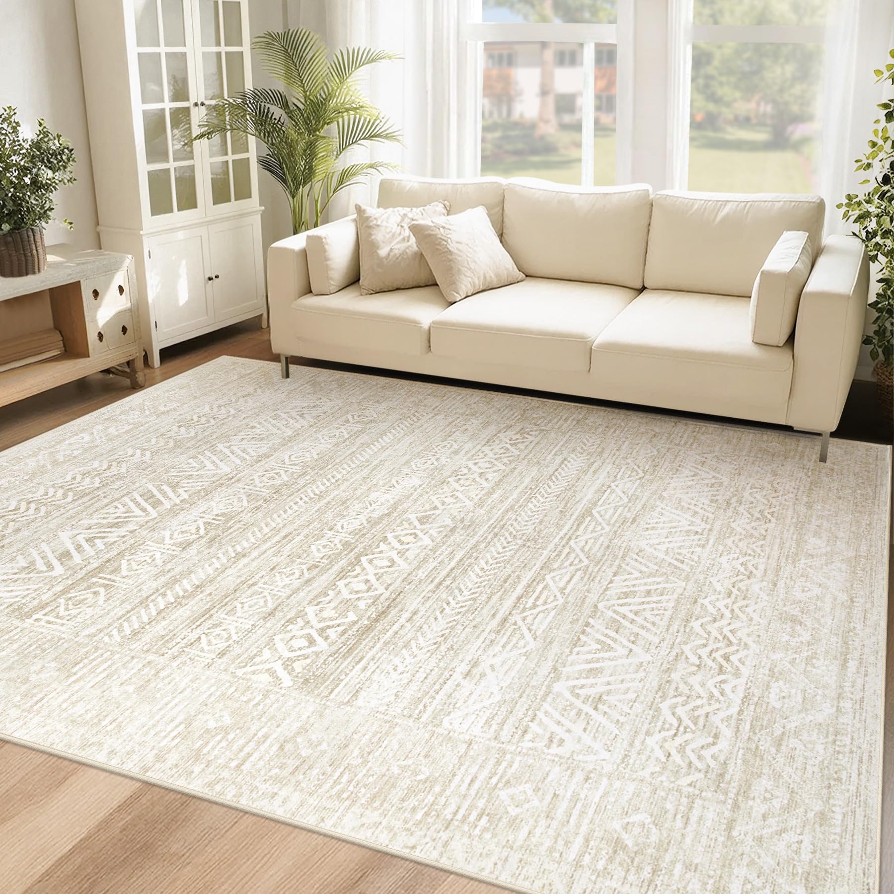 Photo 1 of 6x9 Area Rugs for Living Room: Washable Moroccan Geometric Boho Rug Farmhouse Non Slip Stain Resistant Large Rug Low Pile Soft Carpet for Bedroom Dining Room Home Office Kids Room (Ivory Beige,6'x9')