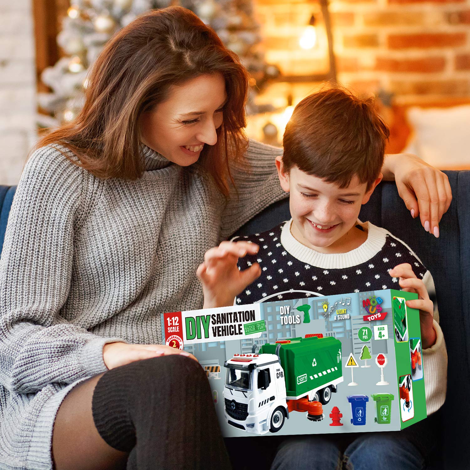 71 Pcs Take Apart Garbage Truck Playset - 1:12 Scale Push & Go + Electric Drill, Sounds & Lights, Road Signs Set, 4 Trash Cans & 40 Flash Cards for Learning - Recycling Truck for boys ages 4 5 6 7 8 +