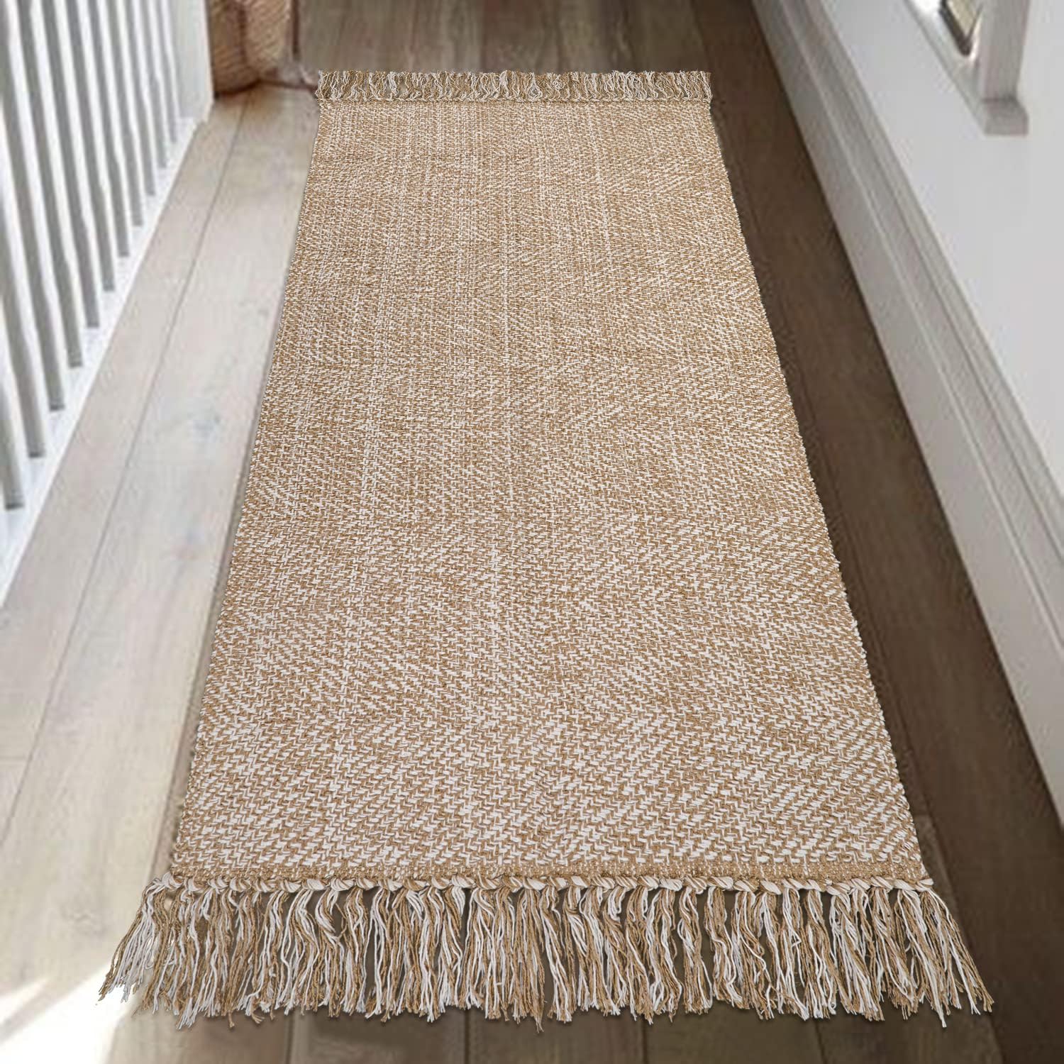 Rugs, Pads & Protectors - Collive Kitchen Runner Rug, 2' x 4.3' Hand-Woven Reversible Washable Rug, Tan Cotton Modern Farmhouse Bathroom Rug Hallway Carpet for Foyer Bedroom Entry Back Door Decor