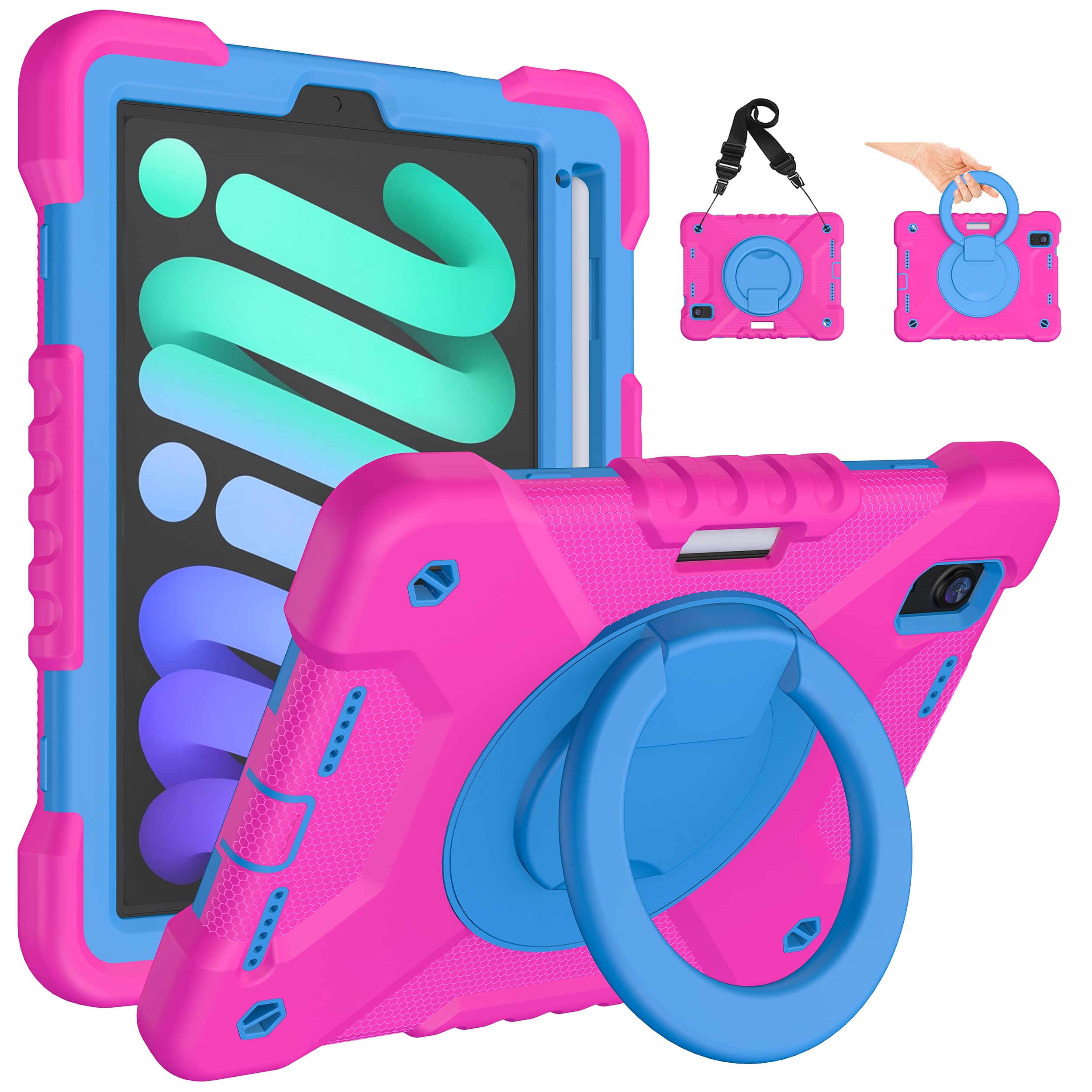 Photo 1 of Andnary Case for 2024 iPad mini 7 A17 Pro/2021 Mini 6 8.3 Inch Case with Built-in Pencil Holder/360° Rotating Handle Stand, Drop-Proof Cover for iPad mini 7th/6th Generation 8.3", Pink+Blue