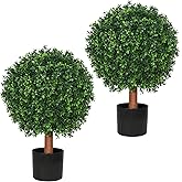 MANASENLUSH 26 Inch Artificial Boxwood Ball Tree Outdoor – Set of 2 UV Resistant Faux Boxwood Topiary Trees, Fake Potted Shrubs Evergreen for Front Door Porch Patio Balcony Home Decoration