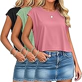 Oakgarden 3 Pack Women's Cap Sleeve Crop T-Shirts Tank Tops Crew Neck Loose Fit Summer Casual Short Basic Tees