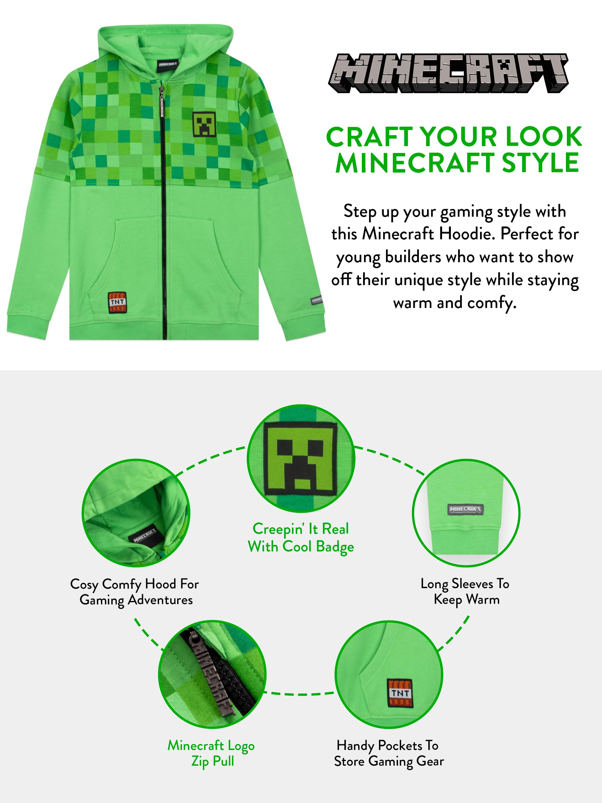 Minecraft Zip Up Hoodie | Creeper Boys Hoodie | Hoodies For Boys | Sizes 6 To 14