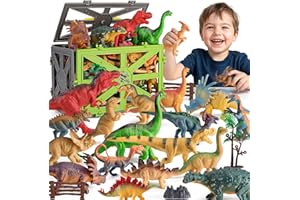 Kiddiworld Dinosaur Toys for Kids 3-5, 31PCS Realistic Plastic Dinosaur Figures with Stone&Tree&Fence in Storage Cage for Toddlers Ages 5-7, Dino Toys Gifts for 3 4 5 Year Old Boys Girls