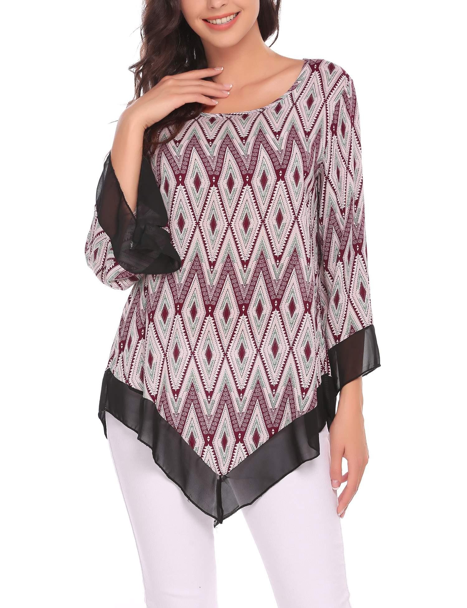 Zeagoo Women\'s Floral Printed Long Bell Sleeve Casual Flare Tunic for Leggings Loose Tops Blouse Wine Red/M