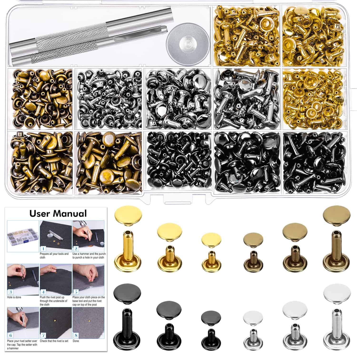 Leather Rivets Kit, Shynek 360 Sets Double Cap Brass Rivets Leather