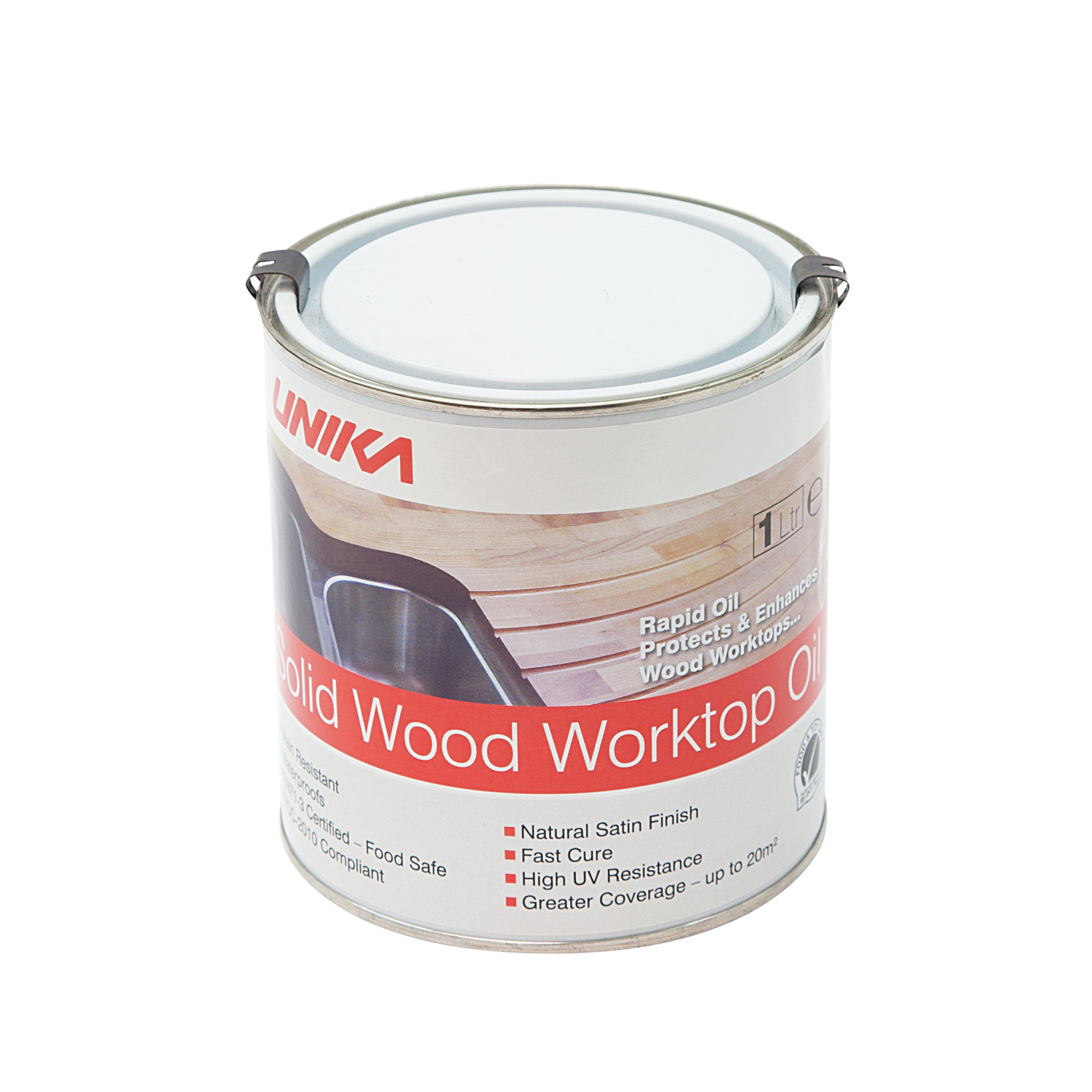 Unika Solid Wood Worktop Oil – Fast Cure & Stain Resistant Wood Treatment – Water Resistant Wood Oil for Kitchen Worktops, Wooden Surfaces & Indoor Use – Supplied in the UK – 1L