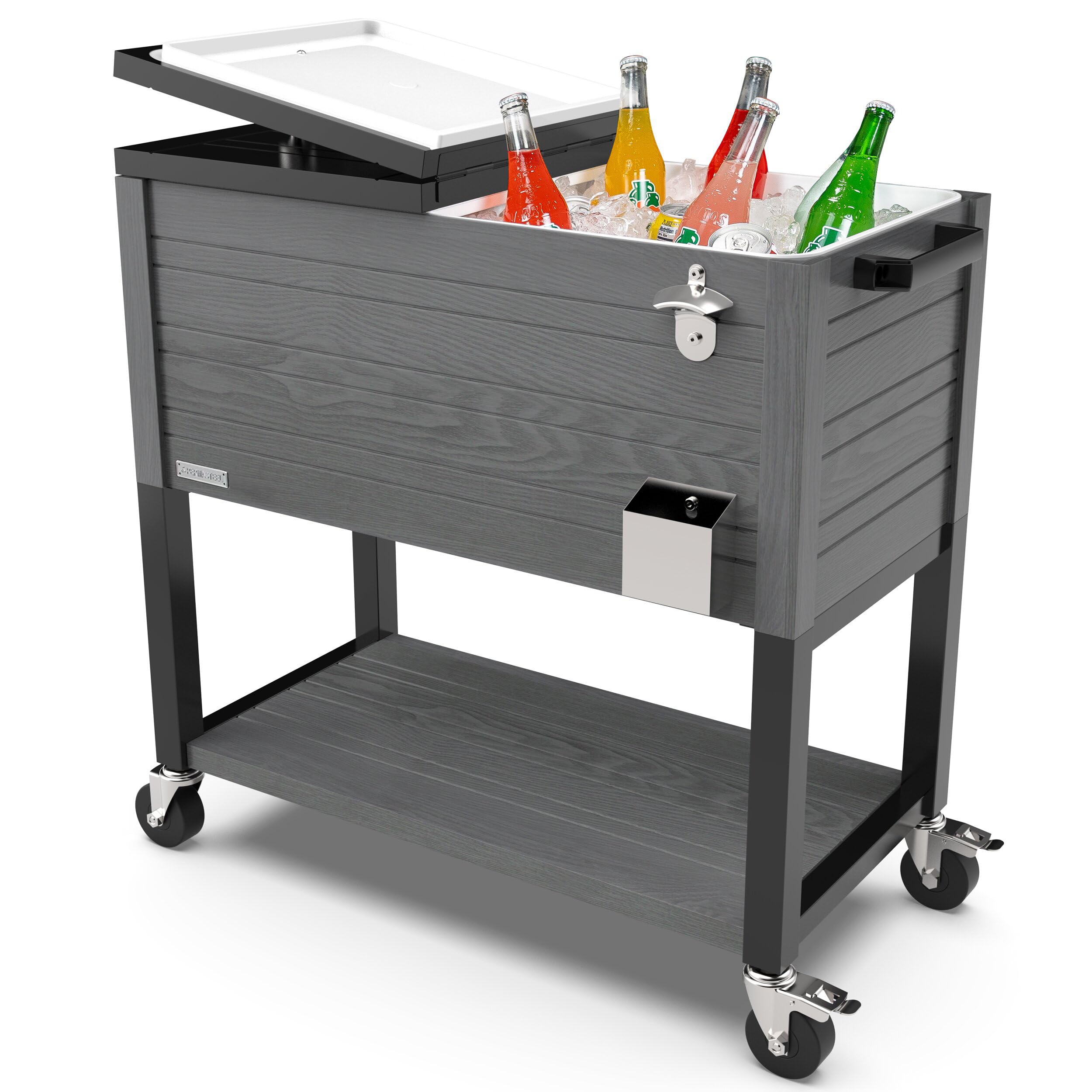 Permasteel 80-Quart Rolling Patio Cooler with Wood Grain Finish ...