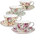 Gracie China by Coastline Imports Rose Chintz 8-Ounce Porcelain Tea Cup and Saucer, Set of 4