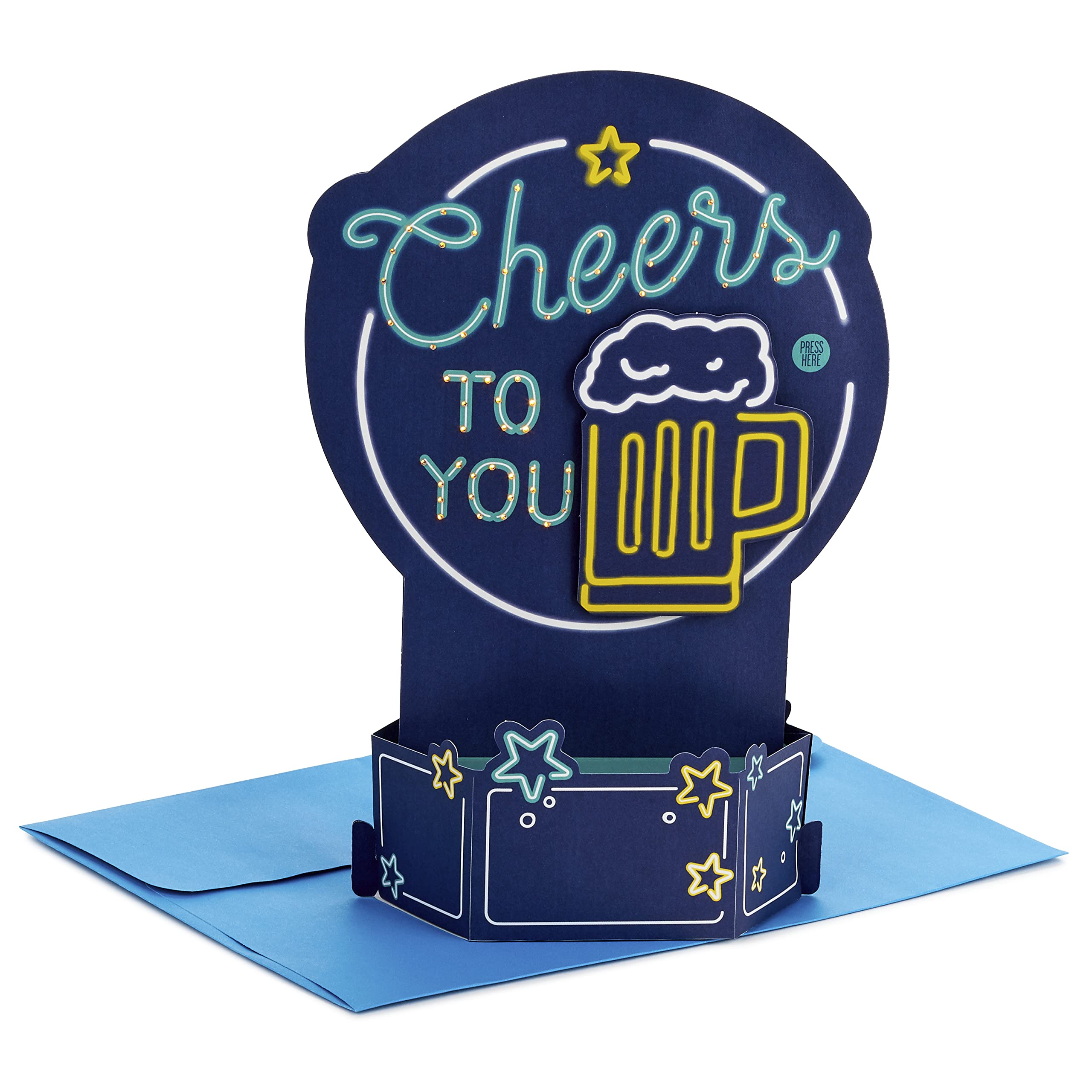 Hallmark 3D & Pop Up Fathers Day Card, Musical, Light Up, 3D Neon Sign Design, Cheers To You, Dad, Step Dad, Grandad, Blue