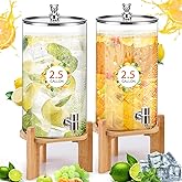 FillTouch 2 Pack 2.5 Gallon Glass Drink Dispenser for Parties Large Glass Beverage Dispenser with Spigot and Wooden Stand Clear Leakproof Water Juice Jar for Wedding Family Gathering