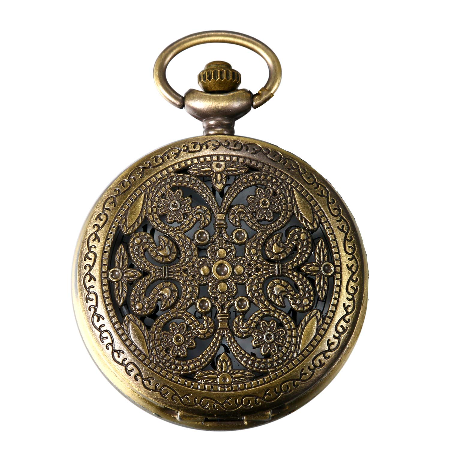 JewelryWe Gifts for Mother Bronze Antique Flower Carved Patterns Case Quartz Pocket Watch for Men Women, Long Sweater Chain Necklace