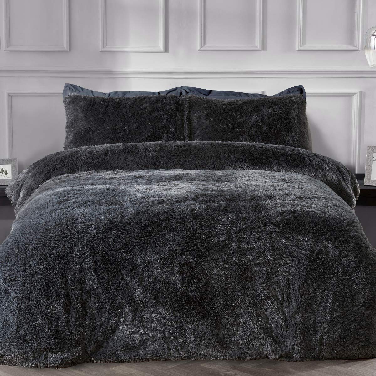 Sleepdown Fleece Luxury Long Pile Faux Fur Charcoal Grey Super Soft Easy Care Duvet Cover Quilt Bedding Set with Pillowcases - King (220cm x 230cm)