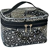 TotePrint Star Print Black PVC Makeup Bag with Handle - 8.66 * 5.51 * 5.51 inch,Clear Storage Bag Toiletry Pocket Portable Zippered Pouch Waterproof Cosmetic Organizer Bags for Women(Black-L)