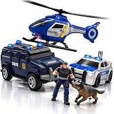 Police Car Toy Set with SWAT Truck, Helicopter Toy, K-9 Dog, Police Officer | Police car, SWAT truck, helicopter, officer, K9 unit, lights &amp; sirens, inertia-powered vehicles, spinning rotor, 1:32 scale