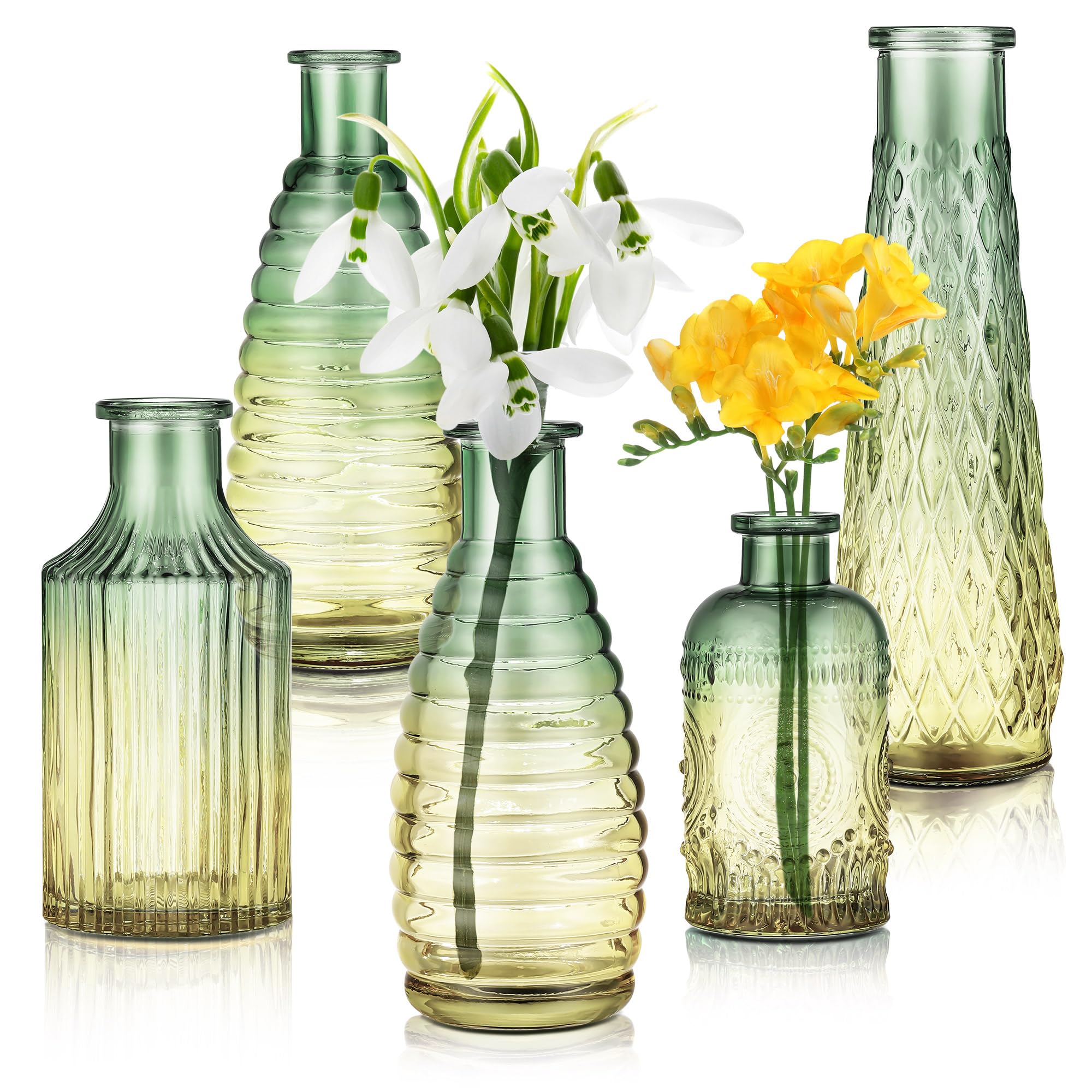 Joeyan Small Vase Set of 5, Mini Glass Bud Vase, Multicolor, Mixed Geometric and Floral Pattern, Vintage Bottle Shape, Perfect for Living Room Decor, Wedding, Baby Shower, and More