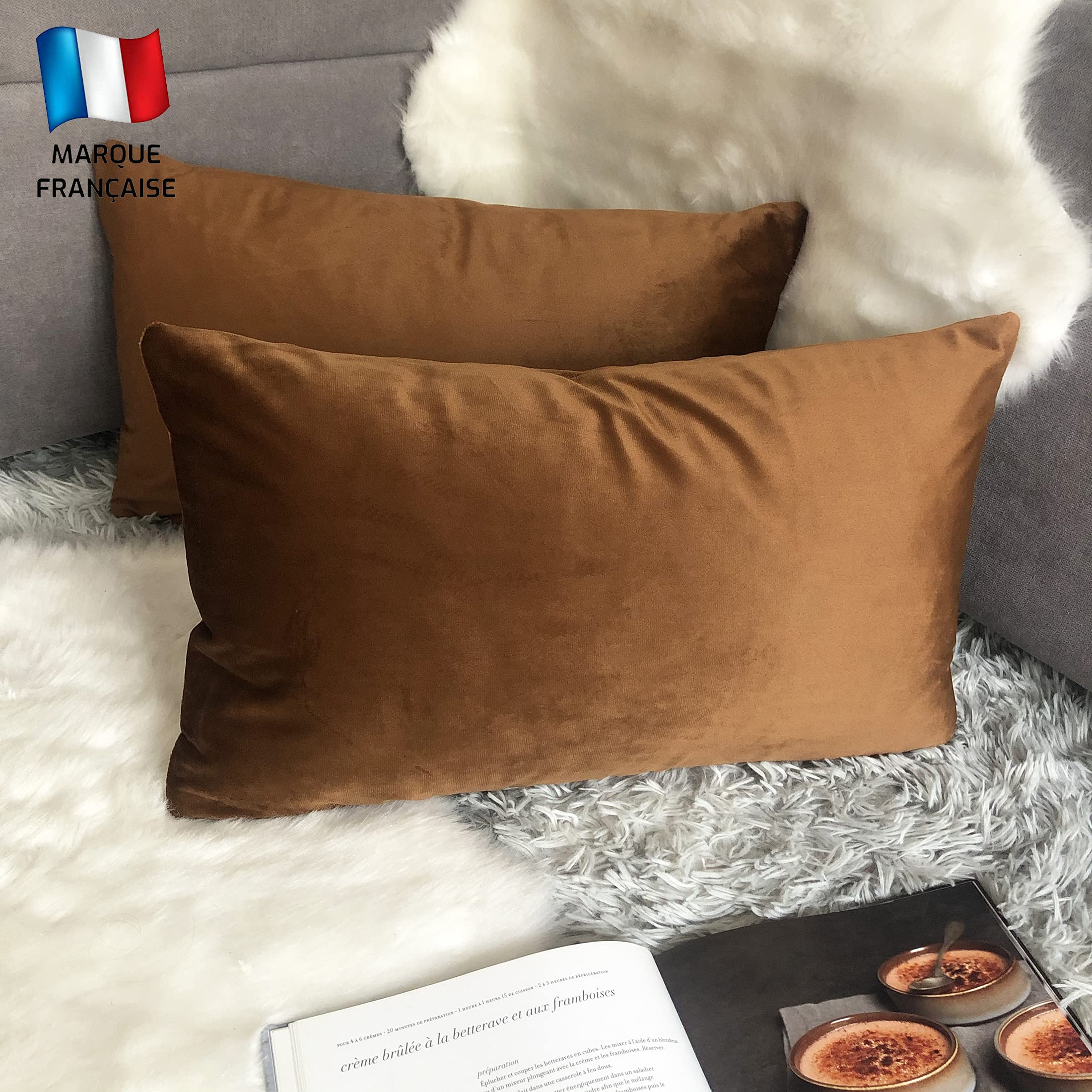 Douceur De Plumes Set of 2 Decorative Cushion Cover Brown Velvet 12x20 Inch Plain, Soft and Modern Rectangular Pillowcase, Scandinavian Living Room Decoration Bedroom Sofa (2 Brown)