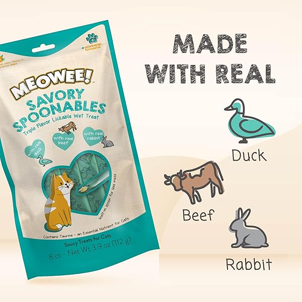 MEOWEE! SAVORY SPOONABLES WITH REAL DUCK, BEEF AND RABBIT FOR CATS, 8 COUNT, TREAT YOUR CAT TO TRIPLE FLAVOR SQUEEZABLE LICKABLE WET TREATS WITH BUILT-IN SPOON FOR LESS MESS