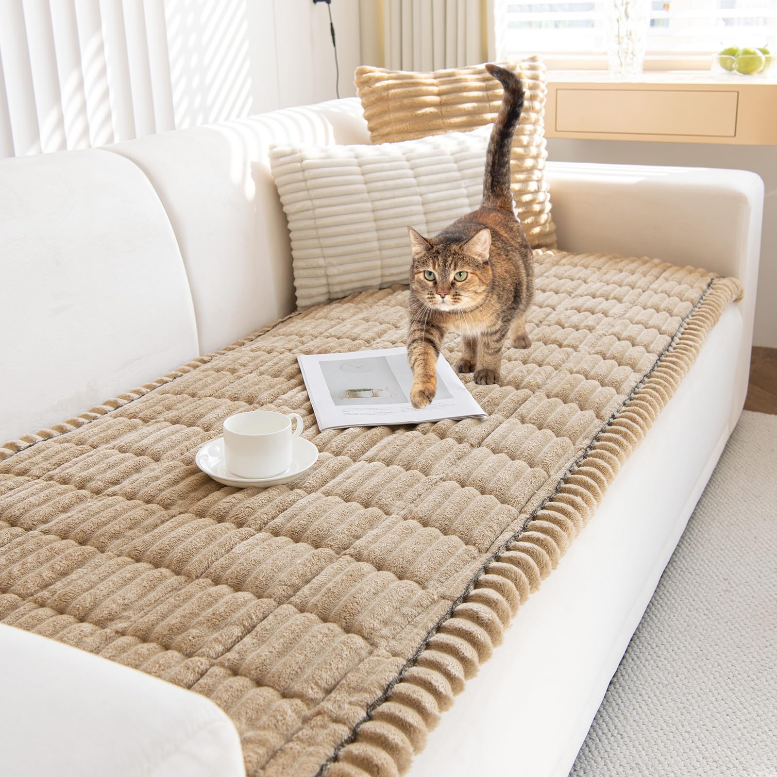 Topchances Thick Sofa Cover 1 2 3 Seater,Non-Slip Seat Cushions,New Super Soft Couch Cushions,Washable Sofa Pads Suitable for Dog Pet Living Room Furniture Protector(Light Brown,70×180cm)