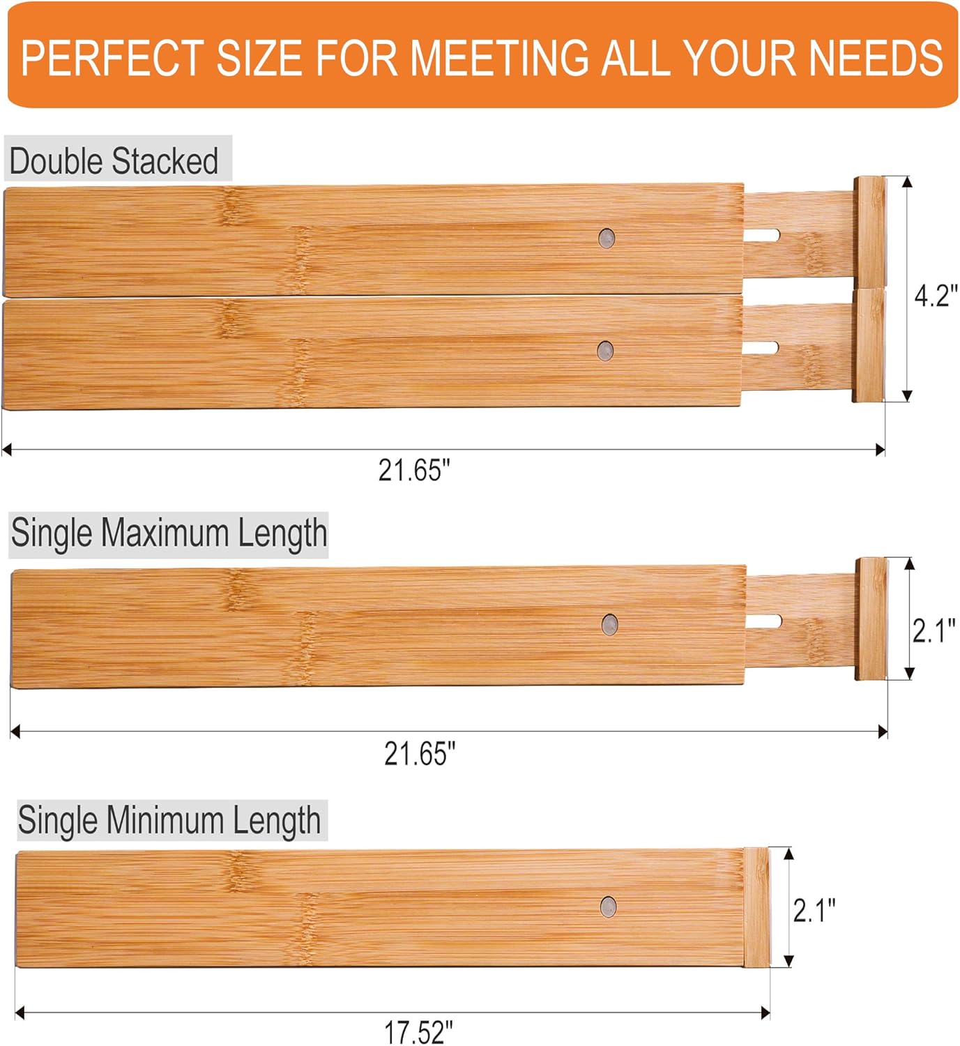 4 Pack Bamboo Drawer Dividers, Spring Loaded Adjustable Drawer Separators (2.1" High, 17.5"-21.65"), Perfect Expandable Wooden Drawer Dividers for Kitchen, Bedroom, Bathroom, Dresser & Office: Home Improvement