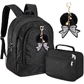 Noveread 3 Pcs Large Cheer Backpack, Lunch Tote Bag &amp; Bow Keychain, Black | Large Capacity for Gear, Insulated Lunch Tote Included, Sparkly Finish for Cheerleaders, Team Gifts, Bow Pompom Keychain