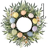 24 Inch Easter Egg Wreaths Decoration for Front Door, Artificial Spring Floral Wreath with Easter Eggs, Leaves for Home Indoor Outdoor Entryway Mantel Window Wall Holiday Party Decor