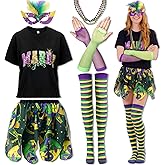 SATINIOR 6 Pcs Mardi Gras Outfit for Women Mardi Gras Costume Purple Sequin T-Shirt Skirt with Feather Mask Beads Necklaces