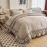 AIKASY Taupe Comforters King Size Set, Vintage Boho Chic Farmhouse Bedding Sets Shabby Ruffle Queen Bed Comforter Bedding 3PCS(1 Comforter and 2 Pillowcases)