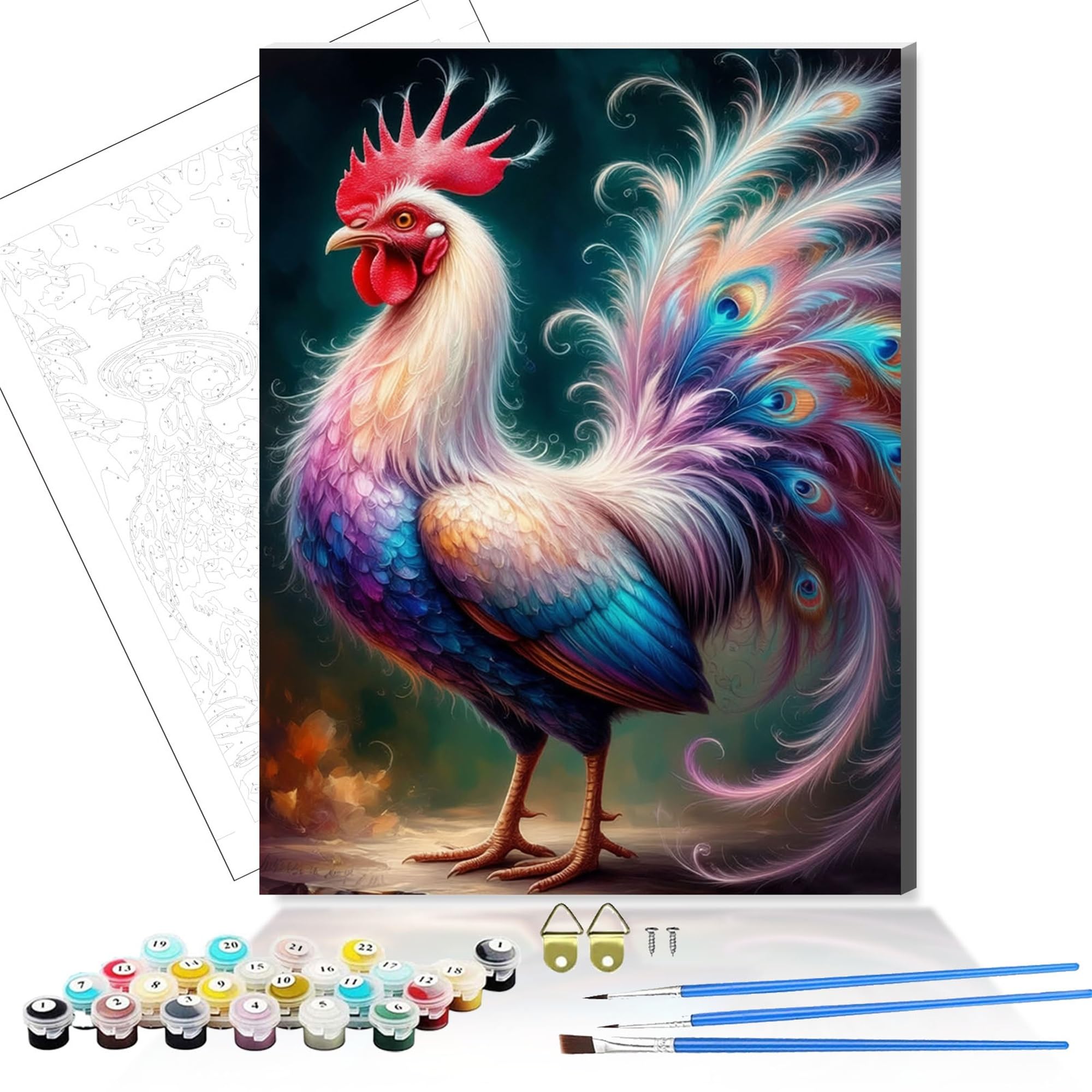 HEFEIS DIY Paint by Numbers for Adults,Wooden Framed Painting by Number Kits on Canvas,Acrylic Easy Color by Numbers for Beginner,Small Gifts Decor for Home Wall Room (Chicken)