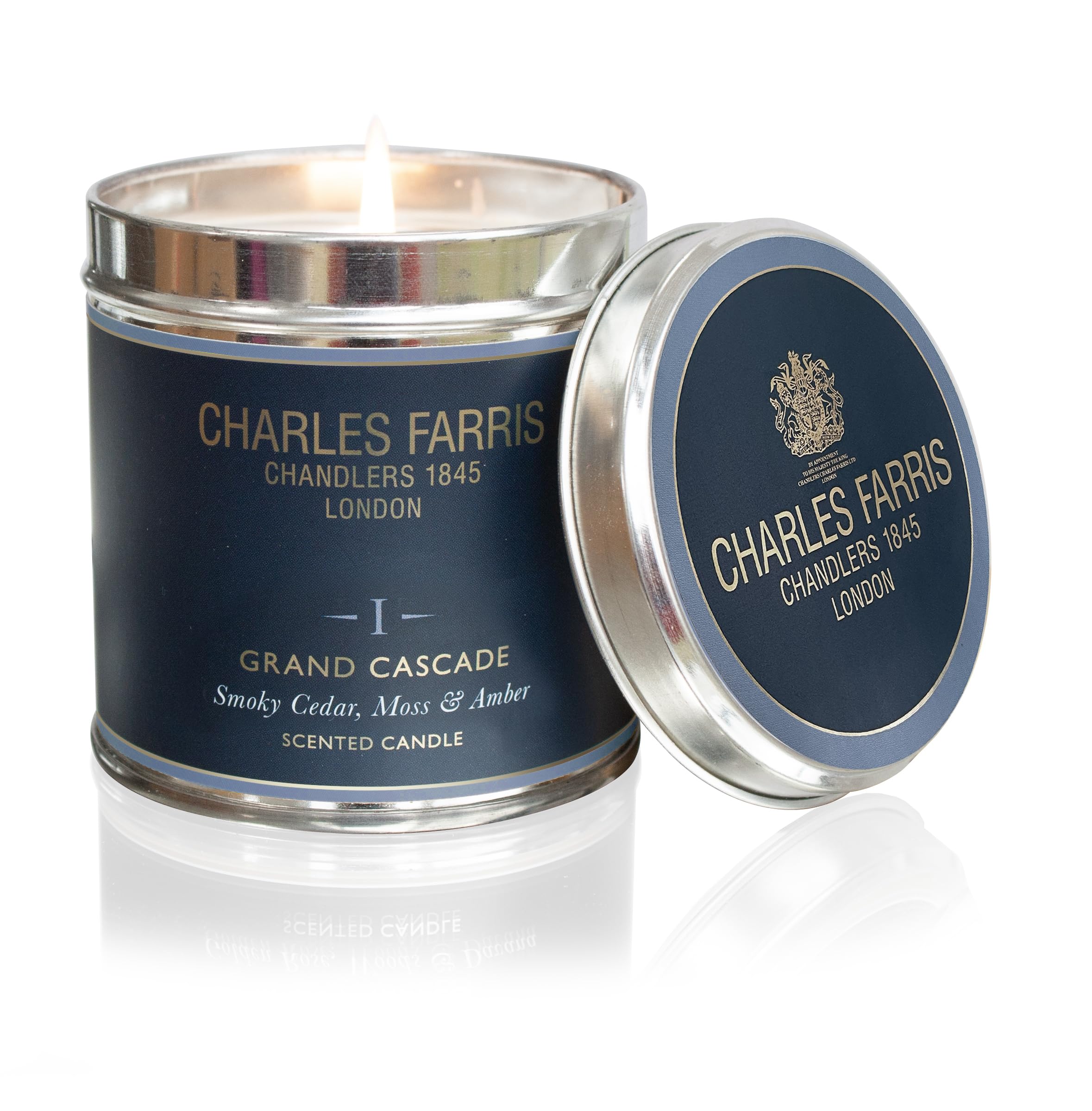 Charles Farris Grand Cascade Luxury Scented Signature Tin Candle - Smoky Cedar, Moss & Amber - Hand-Poured in England - 40 Hours+ Burn Time