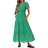 PRETTYGARDEN Womens 2026 Summer Maxi Dress Short Sleeve V Neck Hollow Out Eyelet A Line Long Flowy Beach Vacation Dresses