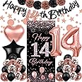 TSVATE Rose Gold 14th Birthday Decorations - Happy Birthday Banner, Backdrop, Balloons, Pompoms & Star Streamers