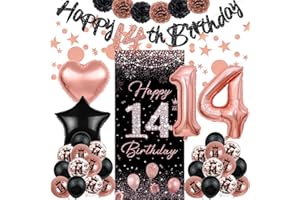 TSVATE Rose Gold 14th Birthday Decorations - Happy Birthday Banner, Backdrop, Balloons, Pompoms & Star Streamers