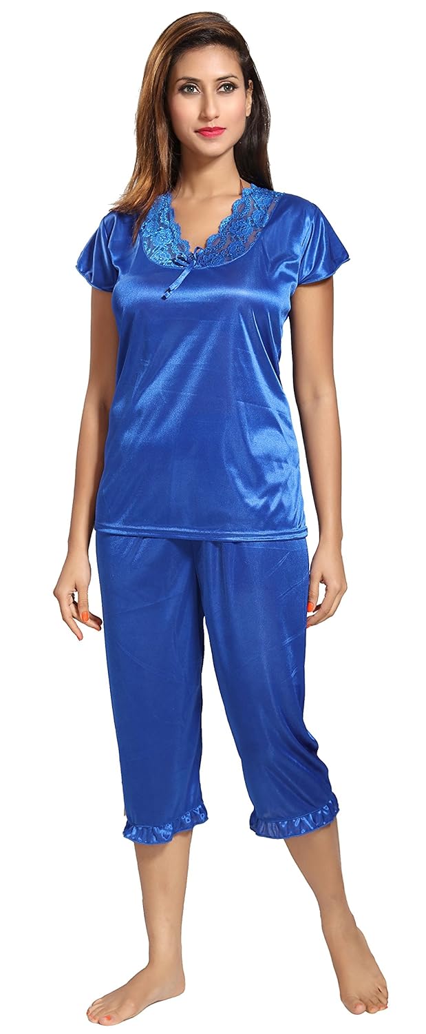 noty women's satin 2 pcs night suit/night wear - top with capri