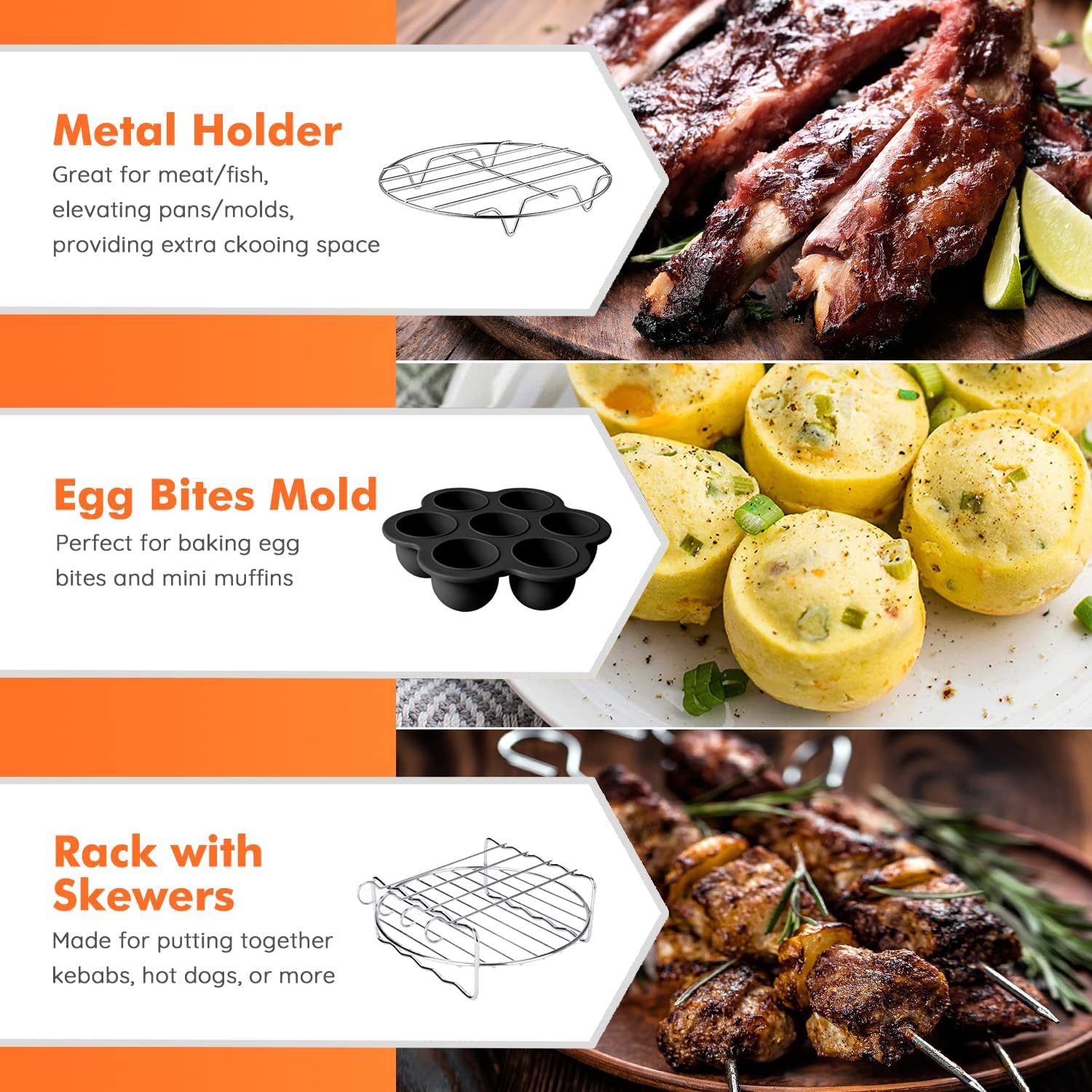 Air Fryer Accessories for Cosori, 10 Piece Square Accessories for COSORI 5.8 QT 6.0 QT, Instant Vortex Plus 6QT and Larger Air Fryers, Including Cake & Pizza Pan, Rack & Skewer, Egg Bite Mold, etc.