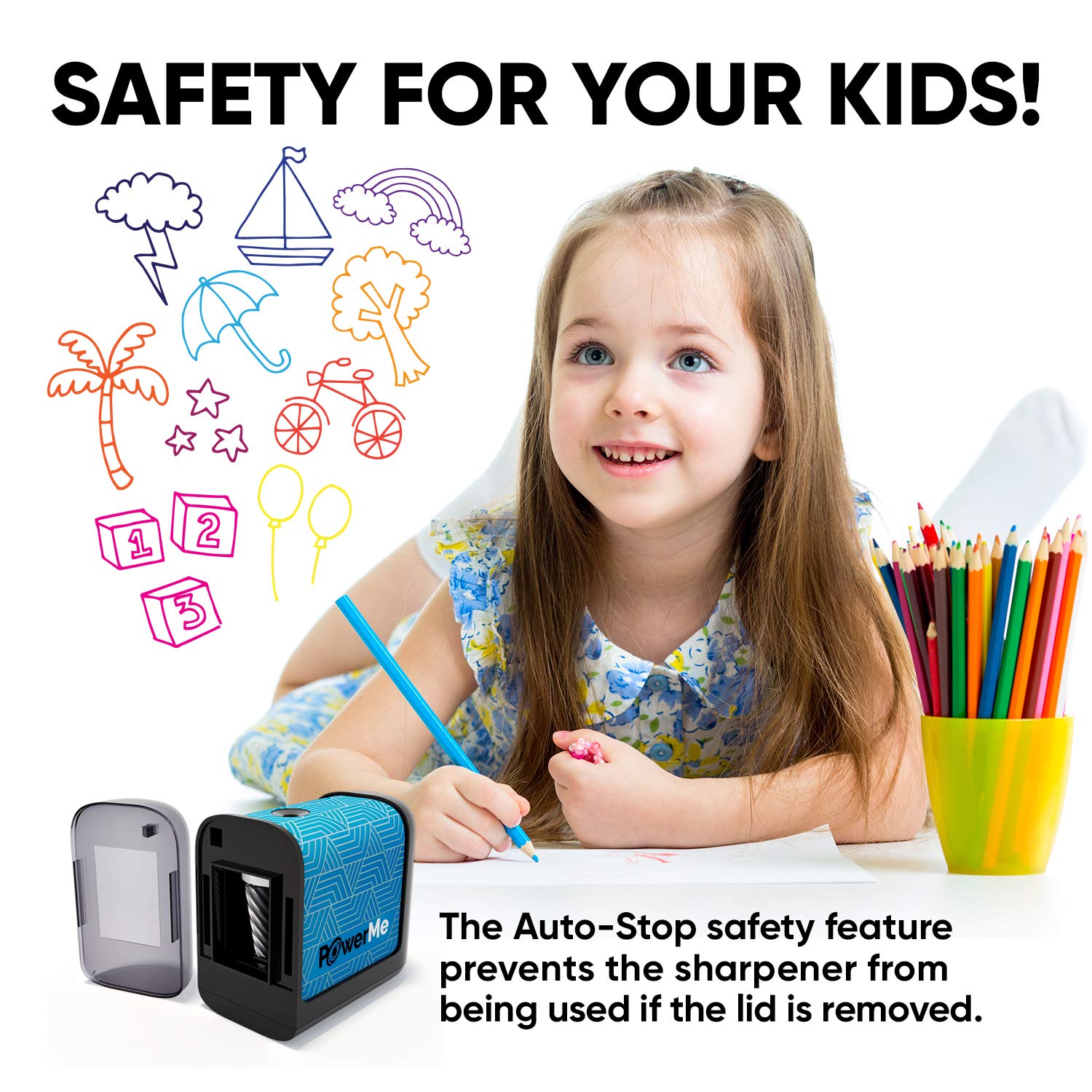 POWERME Battery-Operated Electric Pencil Sharpener for Kids, School, Home, Office - For No. 2 Pencils and Colored Pencils