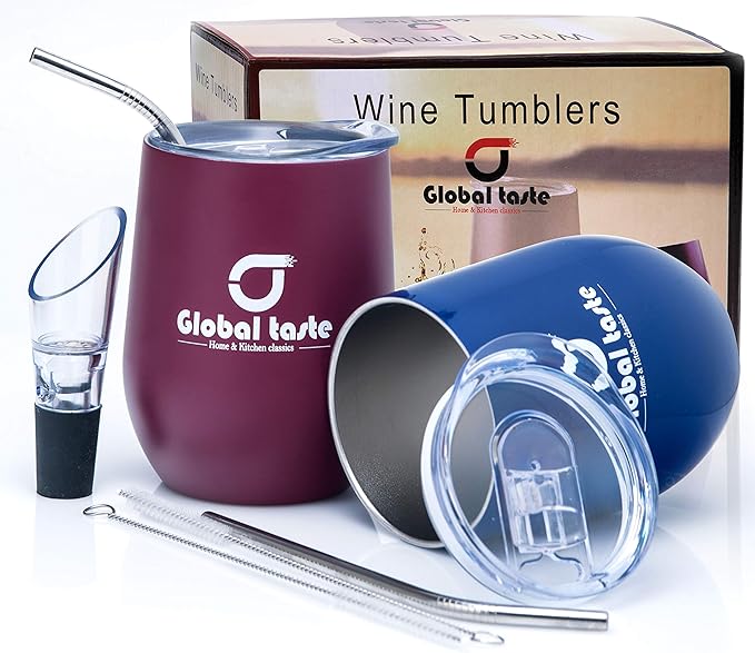 Global Taste Wine Glass Tumbler with Lid and Straw 12 oz