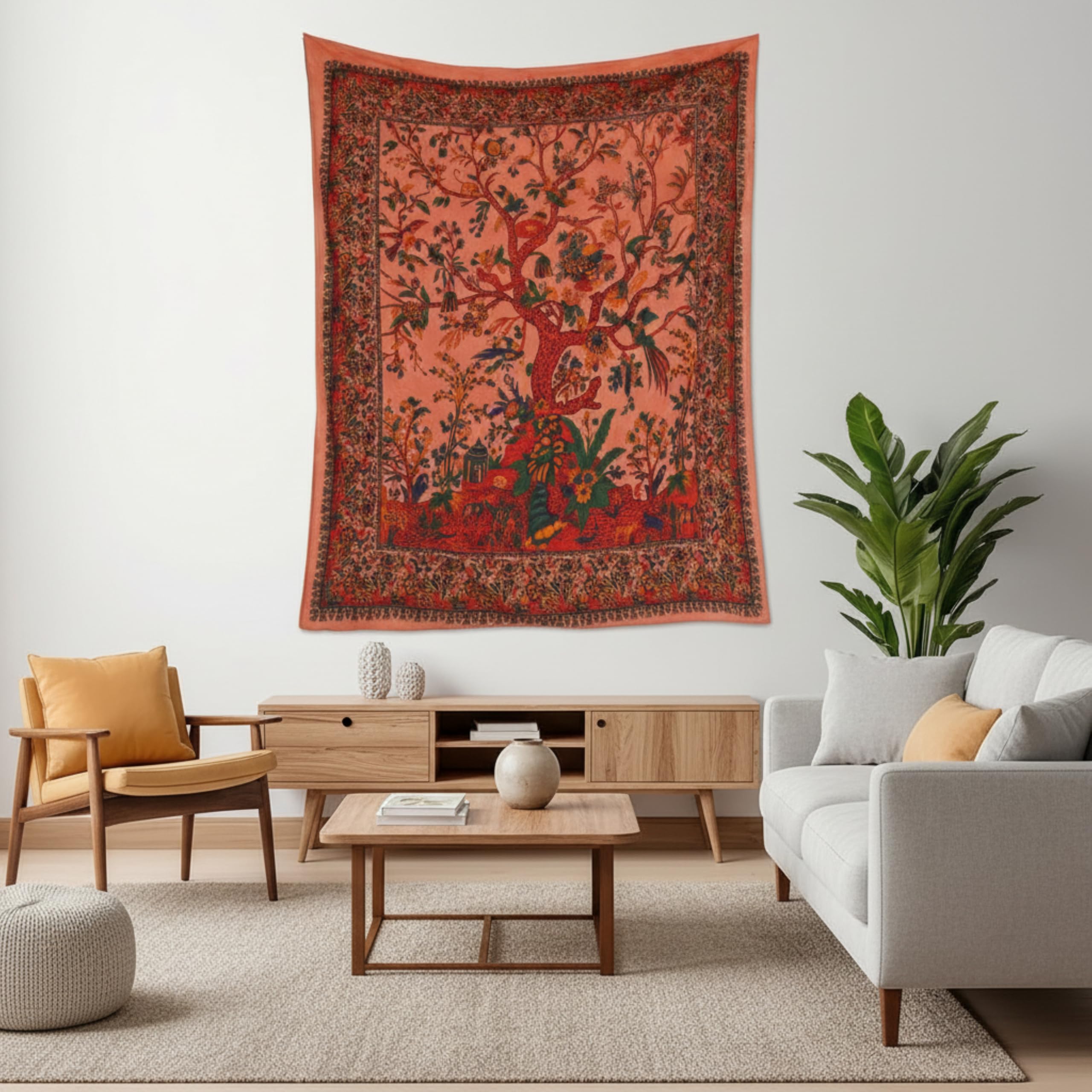Craft Trade Tree of Life Tapestry Orange Wall Hanging Tapestry Boho Cotton Hippie Tapestries for Decor Living Room Yoga Meditation and Bedroom - 76x102 cm