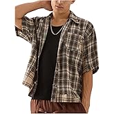 GORGLITTER Men's Striped Boxy Copped Shirt Pocket Patched Button Up Short Sleeve Baggy Cropped Tops