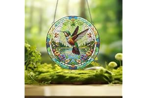 1PC Acrylic Hummingbird & Lake Scene Window Hanger (3.93in) - Vibrant Floral Pattern Decor, Indoor/Outdoor Use, Ideal Gift fo