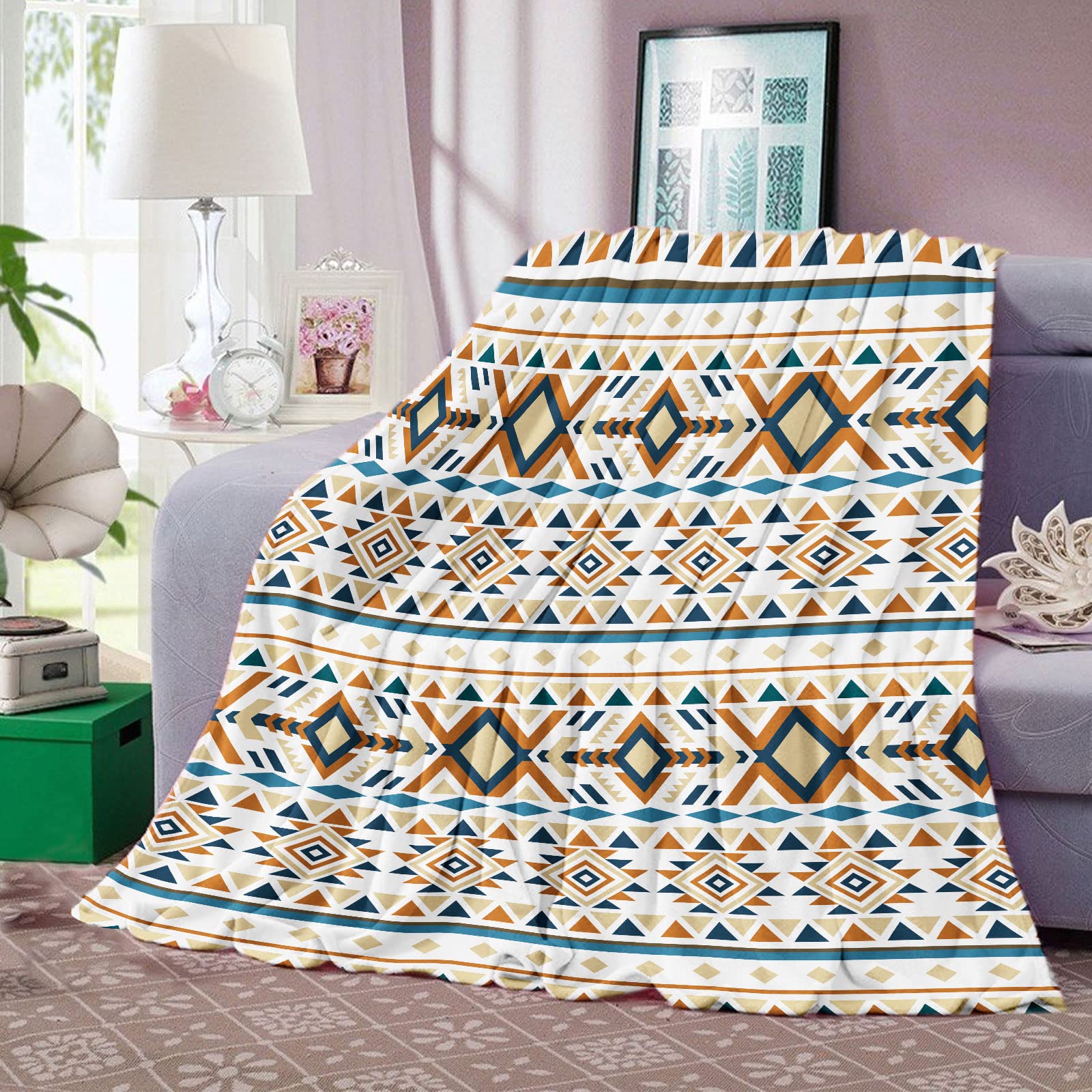Bohemian Blanket Throw, Aztec Navajo Throw Blanket, Cozy Beige Fleece Blanket Tribal, Soft Flannel Tan Vintage Boho Blanket, Fluffy Fleece Geometric Ethnic Blankets for Women Adults Gifts, 130x152cm
