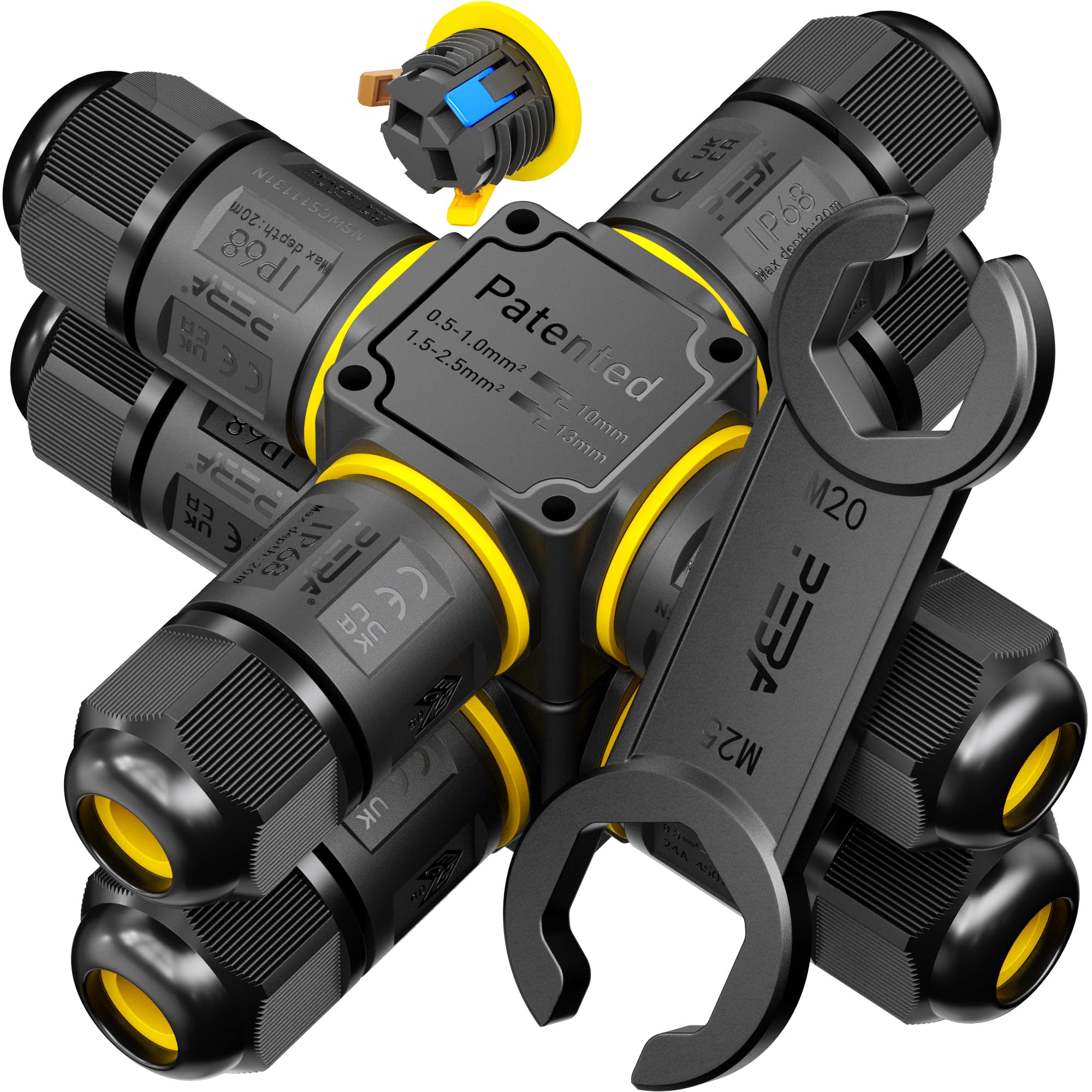 PEBA® IP68 Waterproof Cable Connector Outdoor, 4 Way Waterproof Junction Box Outdoor Cable Connector, 3 Pins Wire Connector,Extension Electrical Cable Protector for Cable Diameter Ø4mm-12mm (2 Pack)