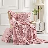 XeGe 3 Pieces Soft Faux Fur Throw Blanket and Pillow Covers Set, Fluffy Furry Blanket 50x60, Shaggy Plush Fuzzy Blanket Fleece Throw Pillow Shams 18x18 for Bed Couch Sofa Living Room, Old Pink Ombre