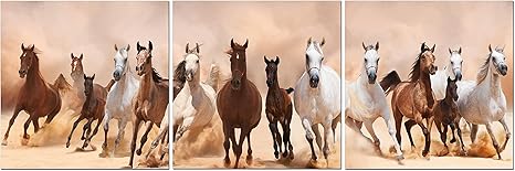 Amazon Com Canvas Wall Art Decor 24x24 3 Piece Set Total 24x72 Inch Panoramic Galloping Horses Large Decorative Modern Multi Panel Split Canvas Prints For Dining Living Room Kitchen