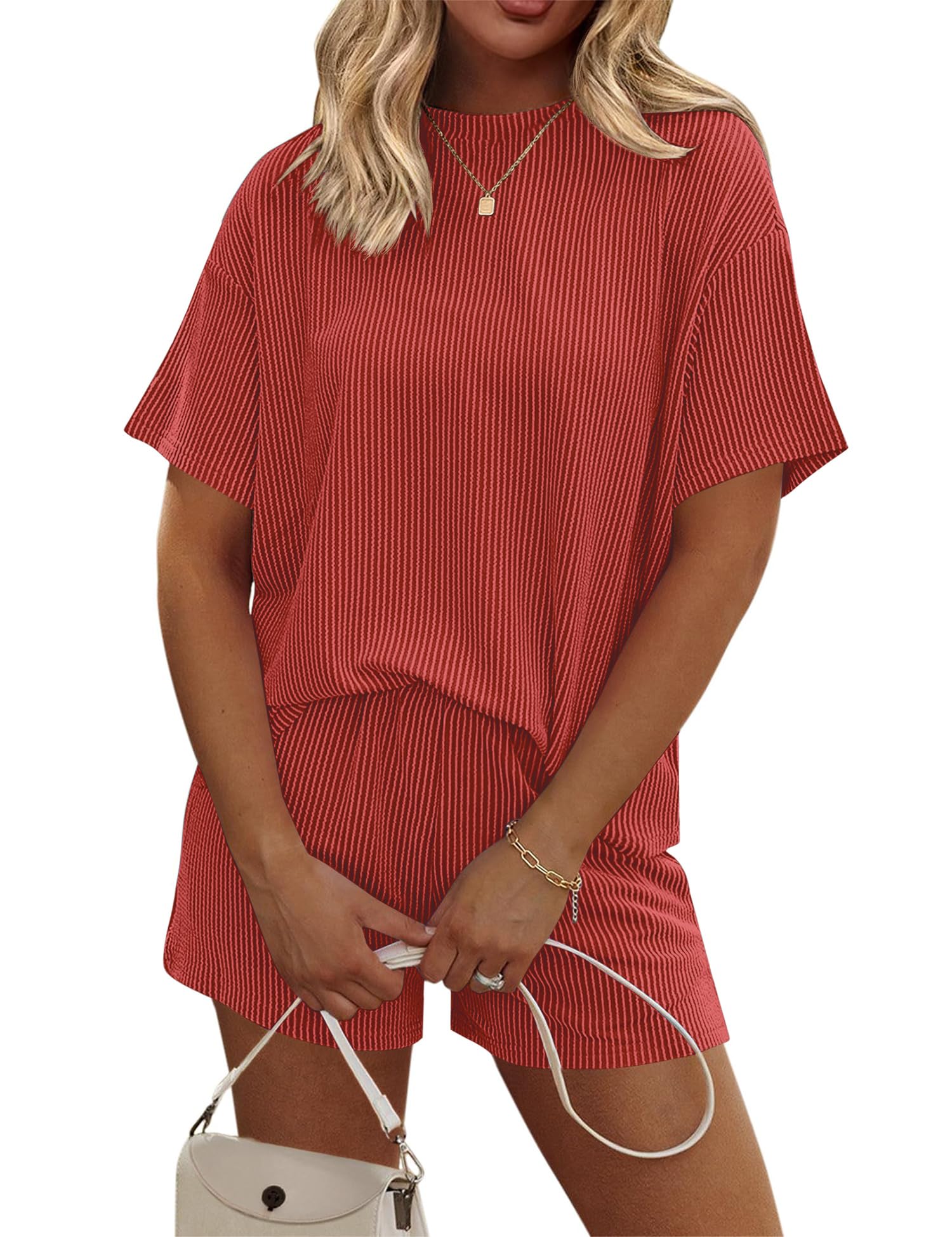 View 1 of **Top only** Rapbin 2 Piece Sets for Women Summer Loungewear Short Sleeve Pajamas Tops Vacation Outfits Matching Set Orange Red large